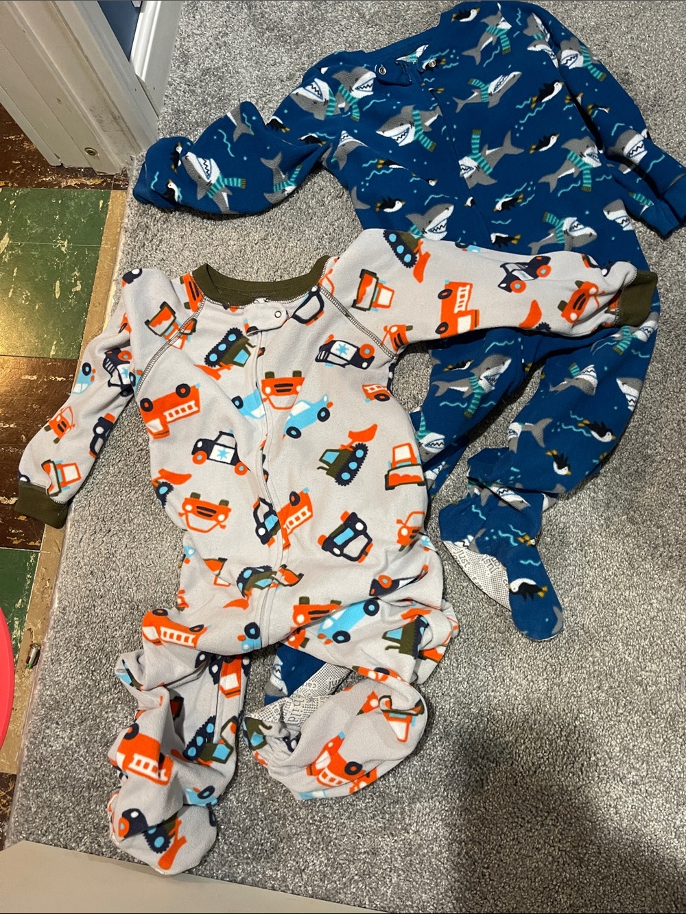 Two 4T fleece carters footies. Sharks and vehicles